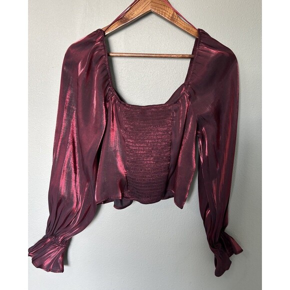 Francesca's Womens Shirt Large Satin Tie Front Blouse Whimsical Milkmaid - Picture 5 of 12